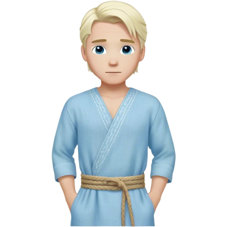 Medieval spring outfit worn by a DnD themed fantasy male character. Pale blue linen tunic with delicate white stitching along the seams, paired with a woven hemp cord belt. Clothes only above the waist, full waist coverage. The character has no arms. Character is white-skinned with platinum blonde hair, ice-blue eyes, and medium-length straight hair swept back. emoji