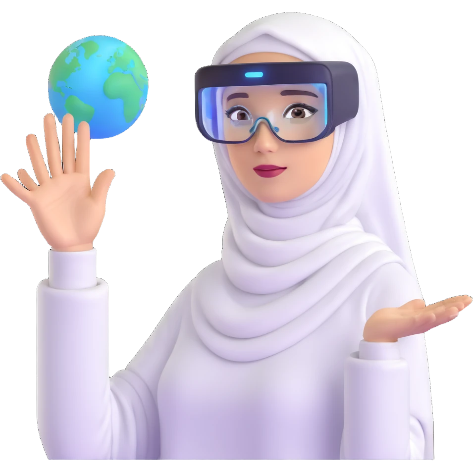 computer engineer with white hijab proudly presenting her completed metaverse creation, gesturing toward a floating holographic virtual world she built, explaining her digital architecture to audience, professional stance, AR glasses, display showing her code and virtual environment emoji