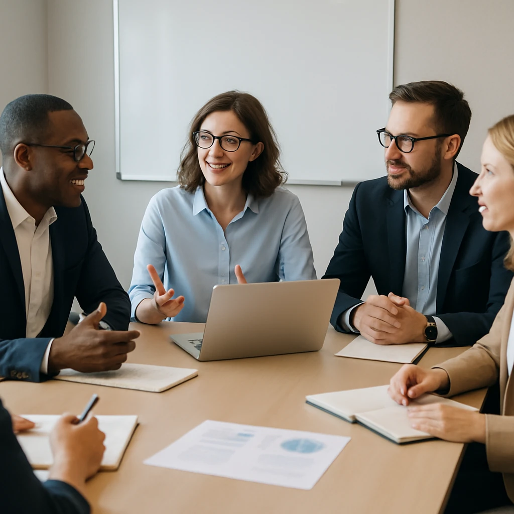 group of people in a meeting room, discussing ideas, professional environment, collaborative atmosphere emoji