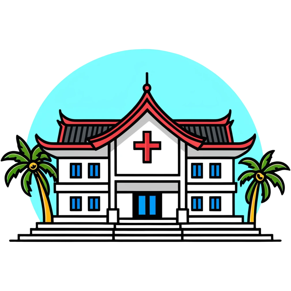 Modern Thai hospital building with traditional Thai roof elements, medical cross symbol, palm trees emoji