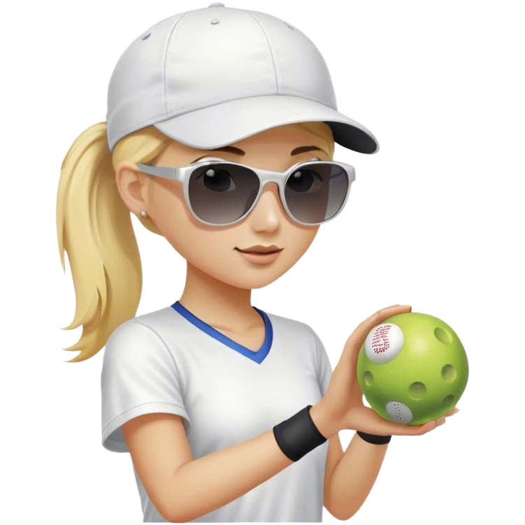 Girl with blond hair in a ponytail wearing a white baseball cap and sunglasses holding a  pickleball emoji