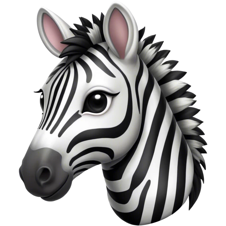 Cinematic Cute Zebra Portrait Emoji, Head tilted playfully and inquisitively, featuring a glossy, intricately striped fur of black and white, a refined, horse-like head with a long snout and alert ears, and round, sparkling eyes filled with curious wonder, Simplified yet irresistibly adorable features, highly detailed, glowing with a warm, friendly glow, high shine, affectionate and spirited, stylized with a touch of savannah whimsy, bright and endearing, soft glowing outline, capturing the essence of a mischievous yet loving zebra that feels like it could prance out of the screen and into your arms! emoji