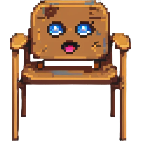 Pixel art of a wooden chair with cartoon eyes flying in the air emoji