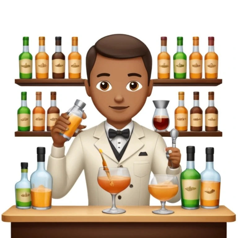 bartender mixing drinks, club backgroudn with bottles emoji