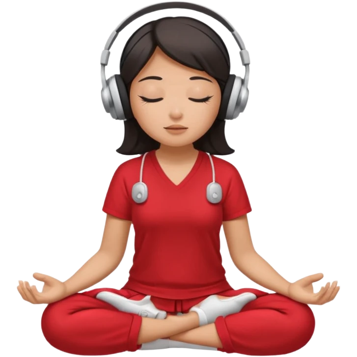 An East Asian woman🧘🏻‍♀️ is sitting cross-legged in a meditation pose, wearing Apple headphones🎧 and listening to music. The song is so beautiful that she has her eyes closed and tears streaming down her face. emoji