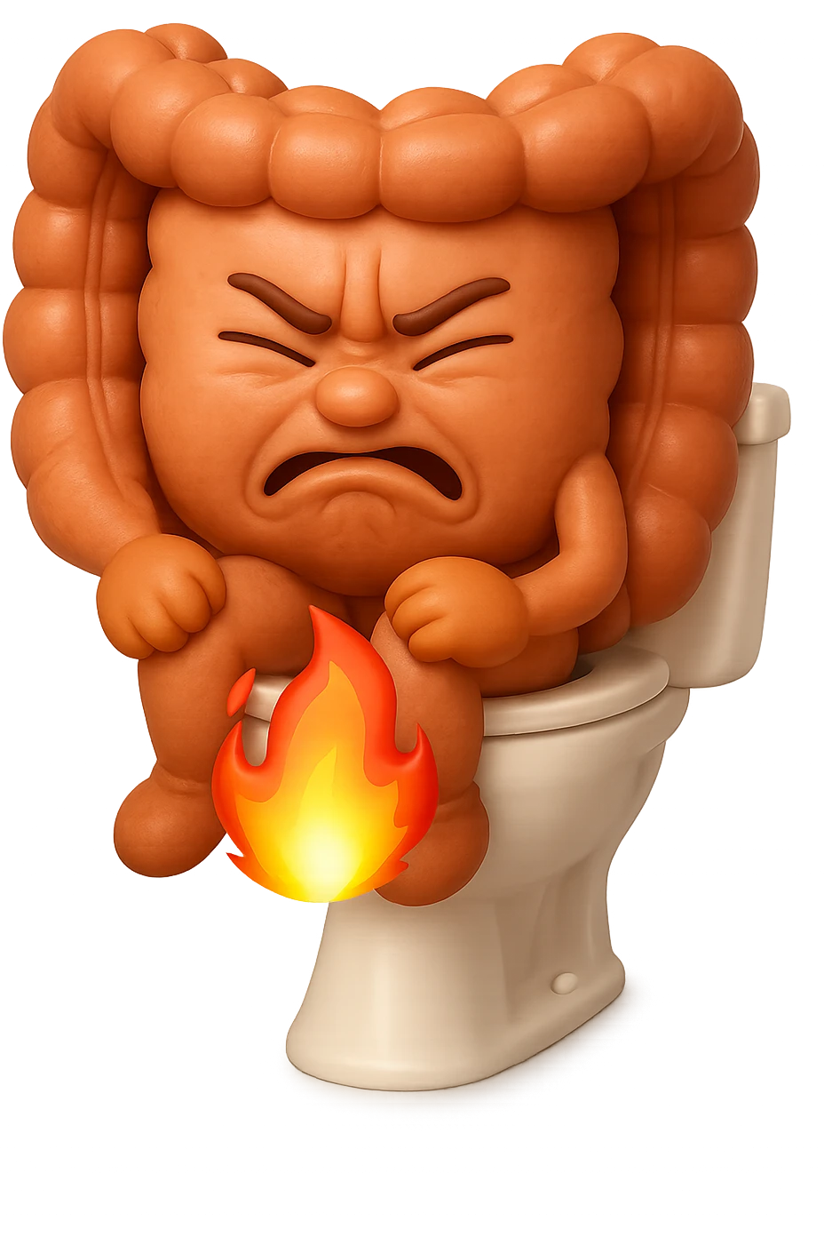 SU QUESTO STILE FAI UN EMOJI STILE IPHONE 3D DI UN INTESTINO CHE sta seduto sul wc e dal wc in mezzo alle sue gambe esce una fiamma stile emoji iphone, FAGLI UN ESPRESSIONE di dolore mentre si sforza E FALLO MOLTO REALISTICO IN 3D emoji