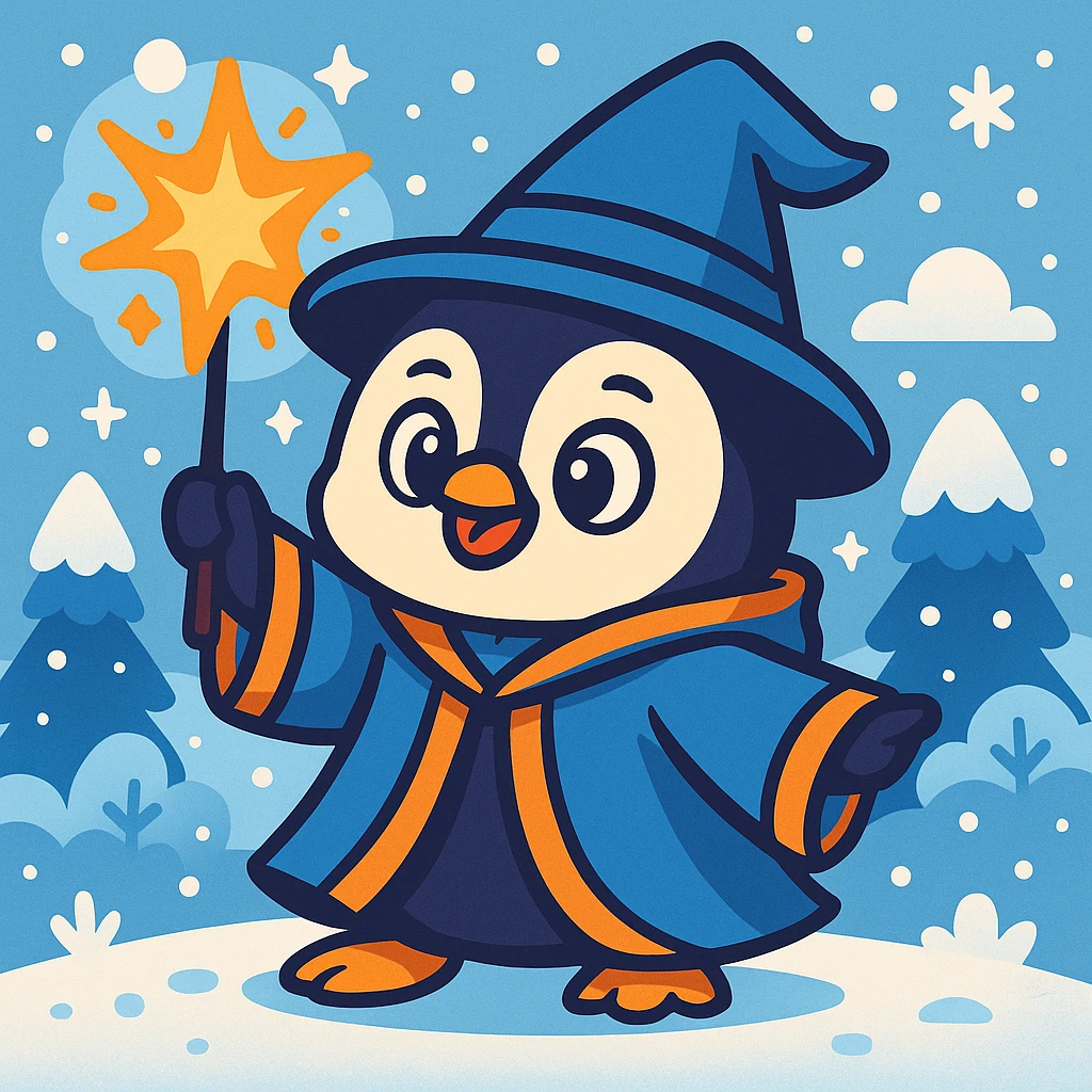Add a snowy background to the cute penguin wizard casting a spell, keeping the fun and whimsical vibrant toon style. emoji
