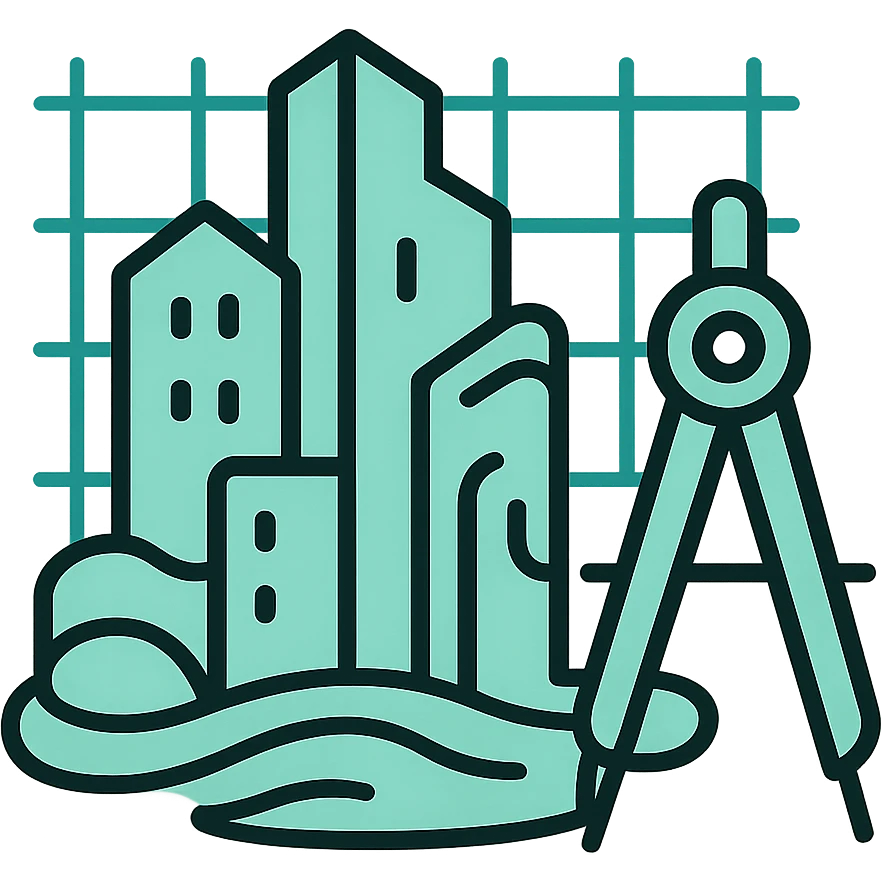 Modern city skyline with blueprint grid and a compass, fluid lines, dimensional techy style, black outlines with mint green #B5F4D3 fills emoji