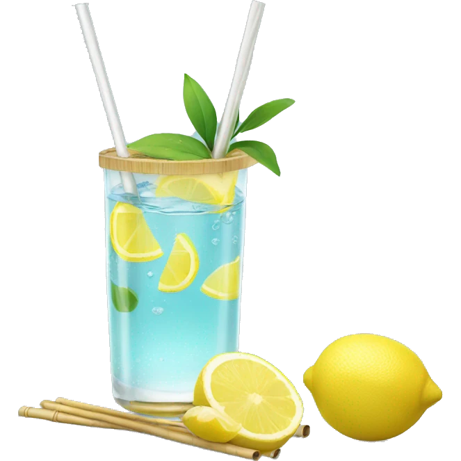 clear water with lemon in glass with bamboo lid and straw emoji