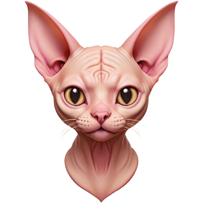 Cinematic Comical Sphynx Cat Portrait Emoji, Head tilted dramatically with an exaggeratedly shocked or offended expression, smooth, wrinkled skin in warm peach and pink hues, large bat-like ears perked up, piercing eyes widened in disbelief, Simplified yet hilariously expressive features, highly detailed, glowing with a slightly sassy glow, high shine, dramatic yet playful, stylized with an air of attitude, bright and endearing, soft glowing outline, capturing the essence of a sassy and over-the-top feline, so meme-worthy it feels like it could side-eye its way into internet fame instantly! emoji