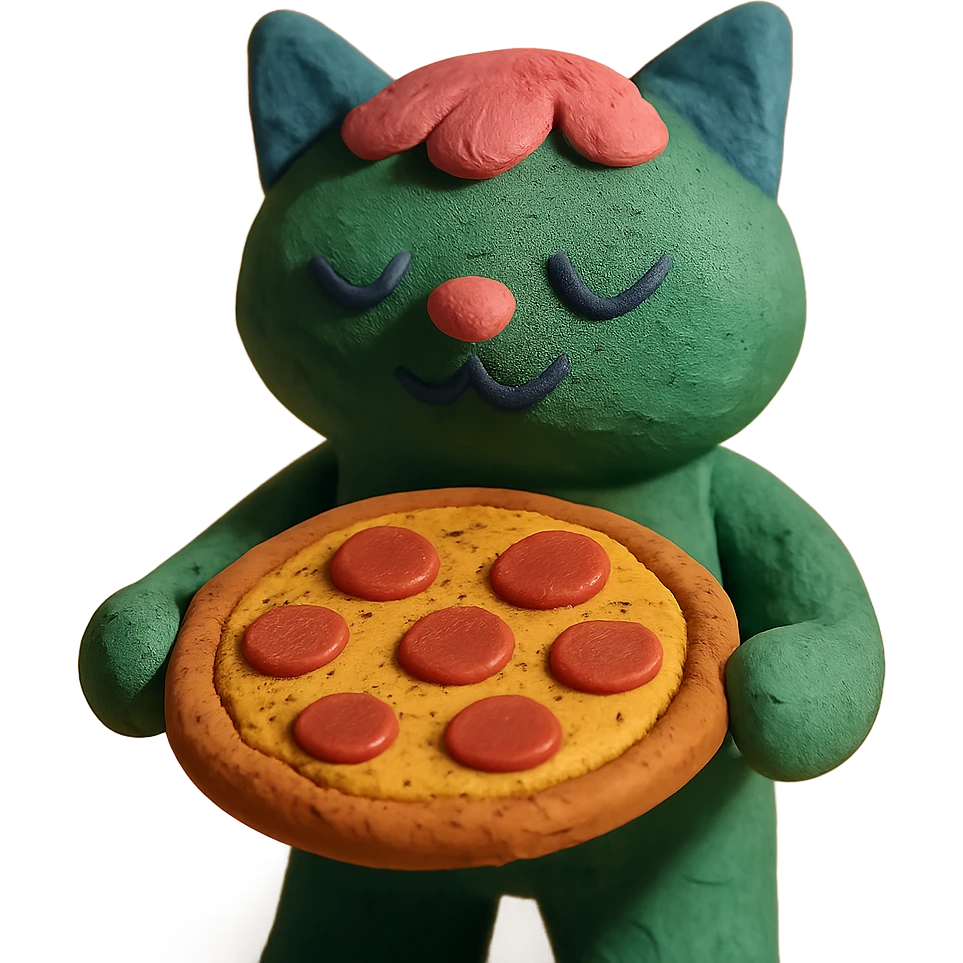 green cat with pink hair and blue ears holding a pizza emoji