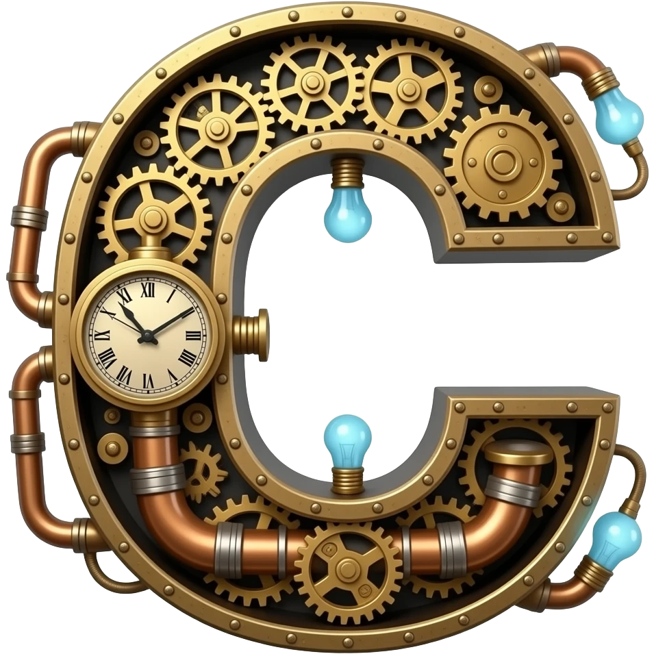 A complex Steampunk Letter 'C' constructed from interlocking brass gears, copper pipes, and tiny hissing steam vents. Small glowing blue Edison bulbs attached to the frame, mechanical clockwork style, highly detailed textures emoji