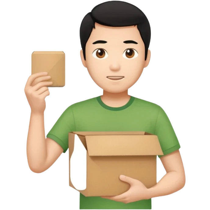 black haired asian man green shirt holding cardboard box emoji