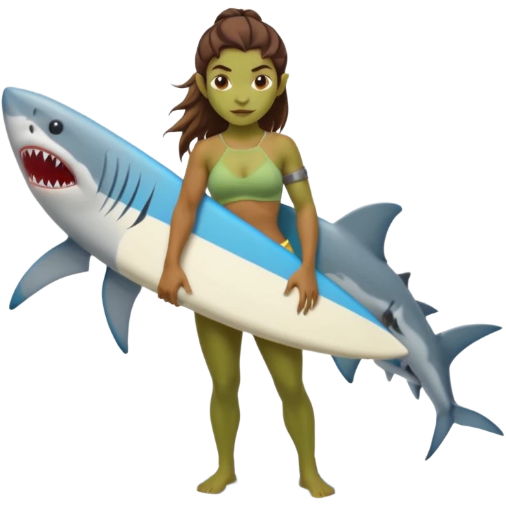 orc female holds a surfboard with a shark painted vertically in his hands emoji