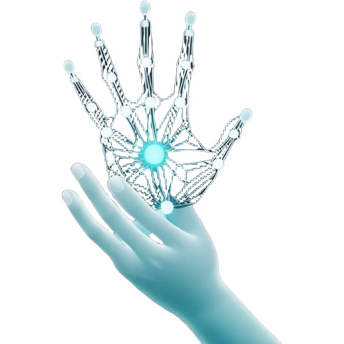 Minimalist white hand outline holding a glowing neural network circuit pattern in soft cyan (#00FFFF), dark charcoal (#2D2D2D) background, ultra-clean lines, negative space forms hidden AI chip silhouette, no text, tech-organic fusion emoji