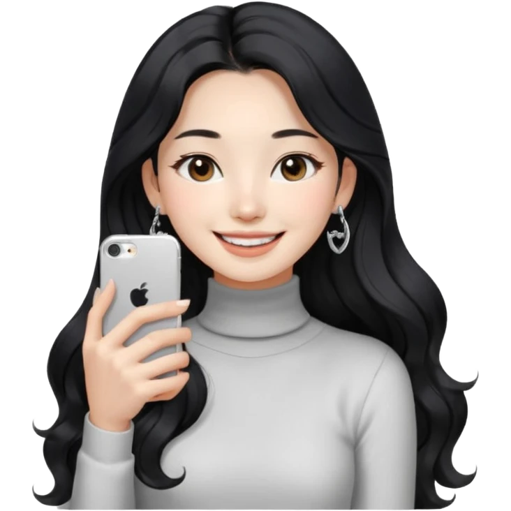 Korean 24-year-old female online shopping mall seller / white face / earrings / smiling expression / long wavy hair / influencer vibe / fashionable / black hair / silver earrings / skinny white turtleneck emoji