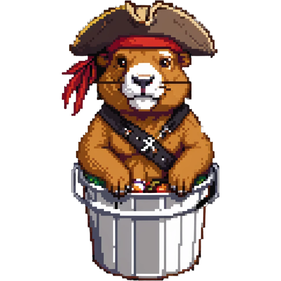 Muscular capybara with Johnny Depp features, goatee, Jack Sparrow style, sitting in a KFC bucket emoji