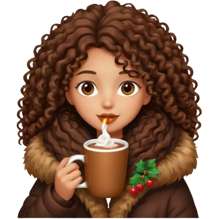 tanned girl with long brown curly hair, drinking hot chocolate , wearing oversized fur jacket emoji