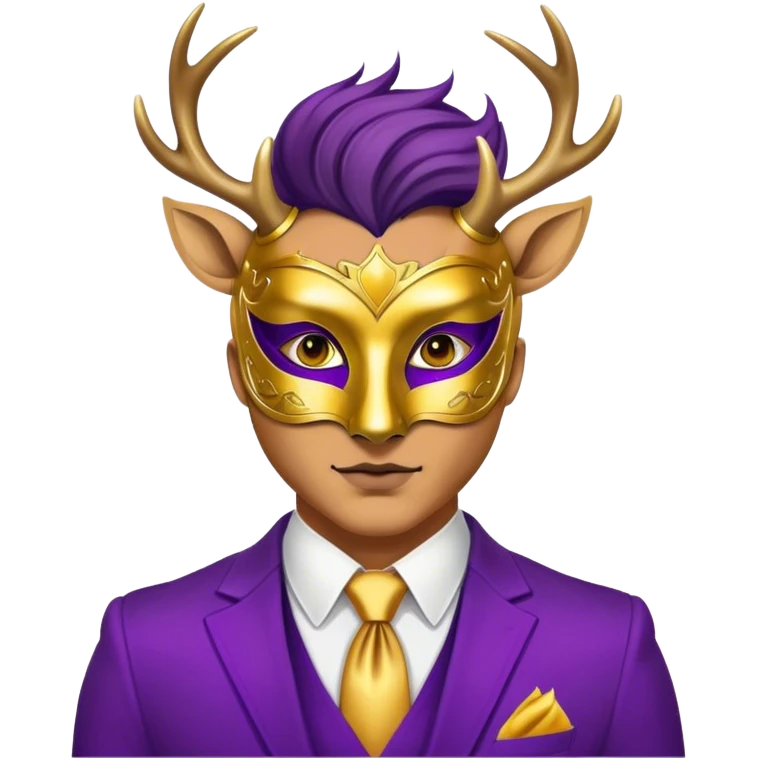 a man, with a purple suit,  wear half-face golden Deer masquerade mask emoji