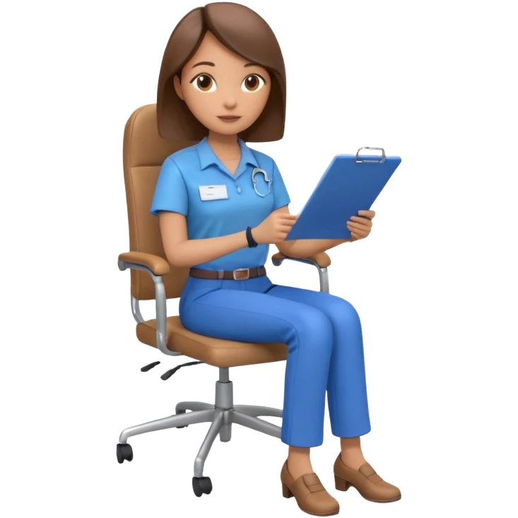 Generate an emoji of a female AI ethicist in blue shirt brown pant sitting in a chair and has a checklist stating AI ethics elements like stop bias, fairness score. I want 3d figurine emoji