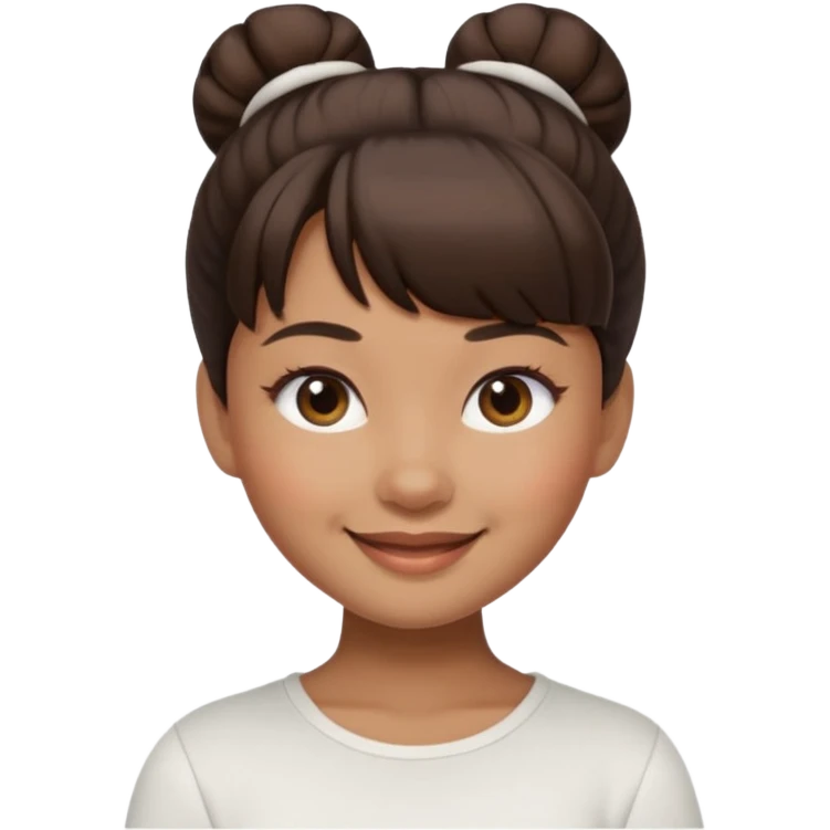 In Apple Memoji format, a girl with dark brown hair. She has bangs and her hair is in a singular high bun. The girl is arab and has light brown skin. She is wearing a white shirt emoji