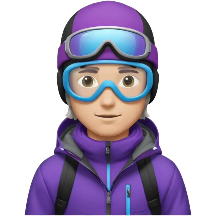 male Pro Snowboarder with white and grey beanie, ONE pair of purple and blue frameless goggles on and a black jacket emoji