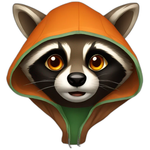 brown raccoon with orange eyes and a dark green hood that is crying emoji