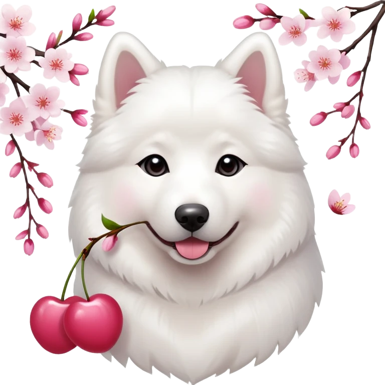 A cute  little  white Samoye and cherry blossom emoji