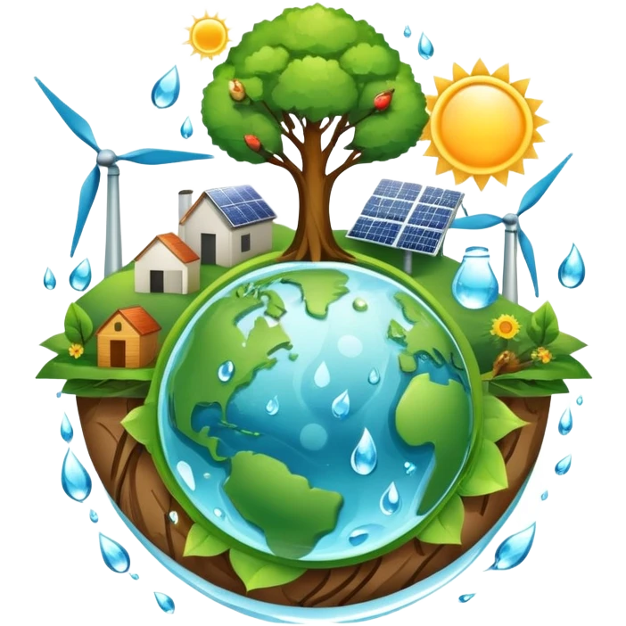 An icon featuring a green Earth, a tree, recycling symbols, and renewable energy sources like wind turbines, solar panels, and hydropower. The design includes animals, water droplets, and the sun, representing ecology, sustainable energy, and environmental protection. Transparent background. emoji