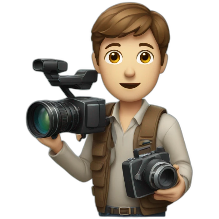 European film director with brown short hair holding a cinema camera emoji
