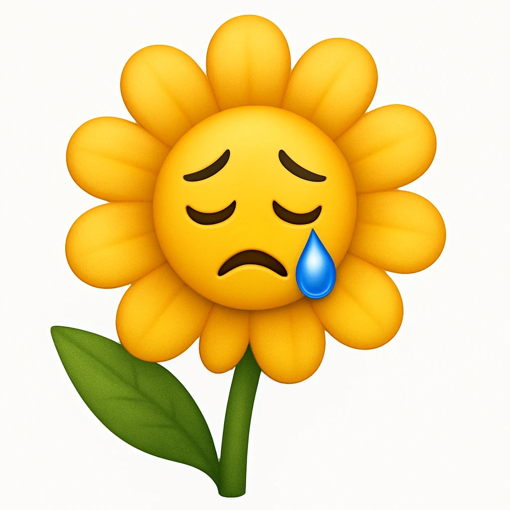 Make the sad flower with a teardrop in the style of apple style emojis emoji