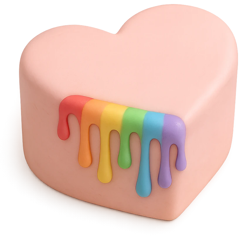 heart-shaped fondant cake with rainbow drip emoji