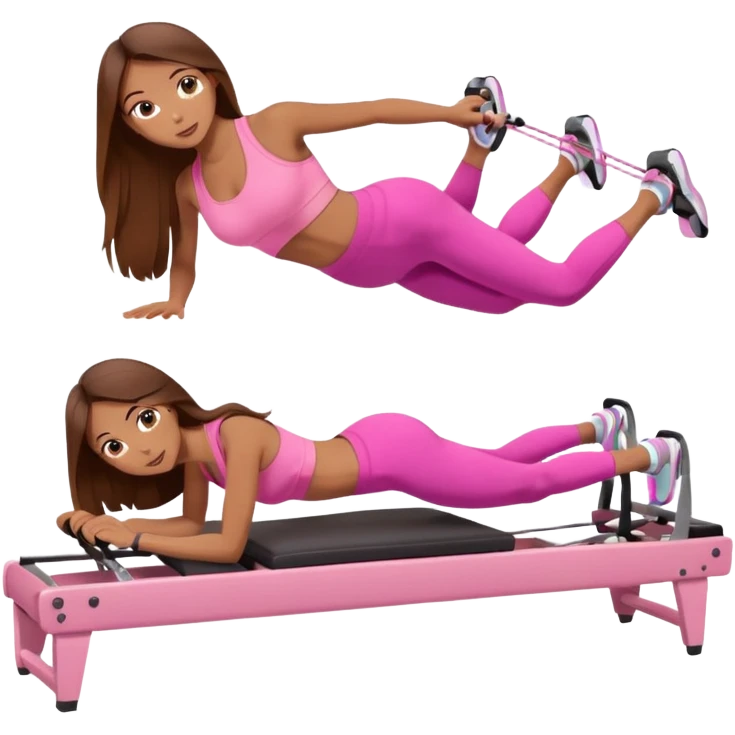 girl doing a plank on a pilates reformer in a pink workout set with long brown hair emoji