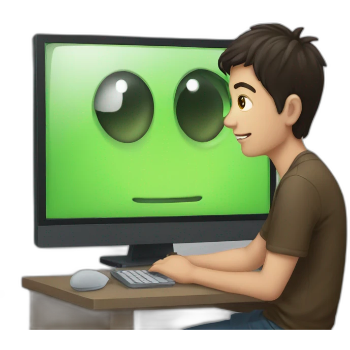 young guy watching a computer with his eye close to the monitor emoji