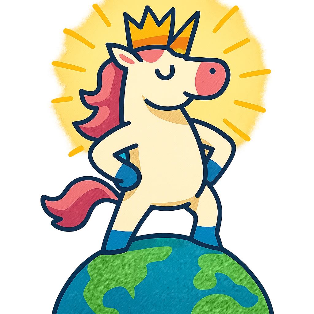 unicorn king on top of the world glowing with a bright aura exuding confidence and triumph emoji