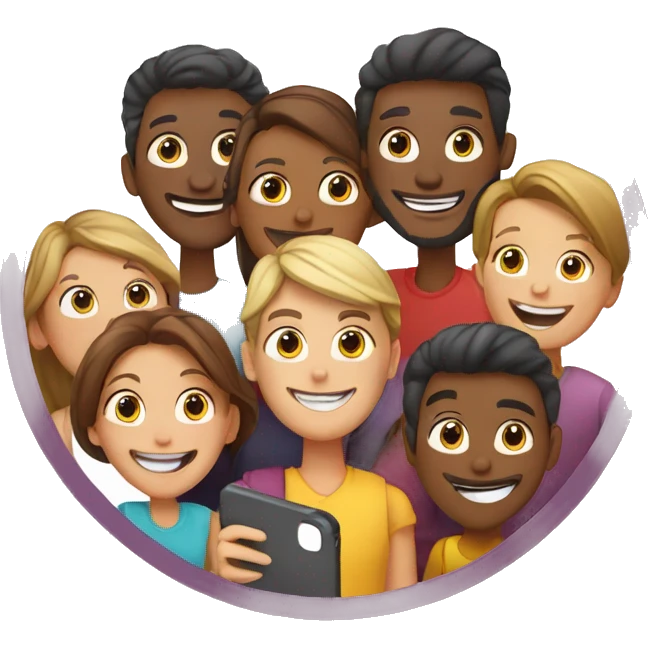 Group of happy people taking selfie. In a circle shape emoji