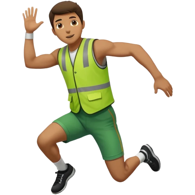 Man jumping over wall with people chasing him wearing green vests emoji