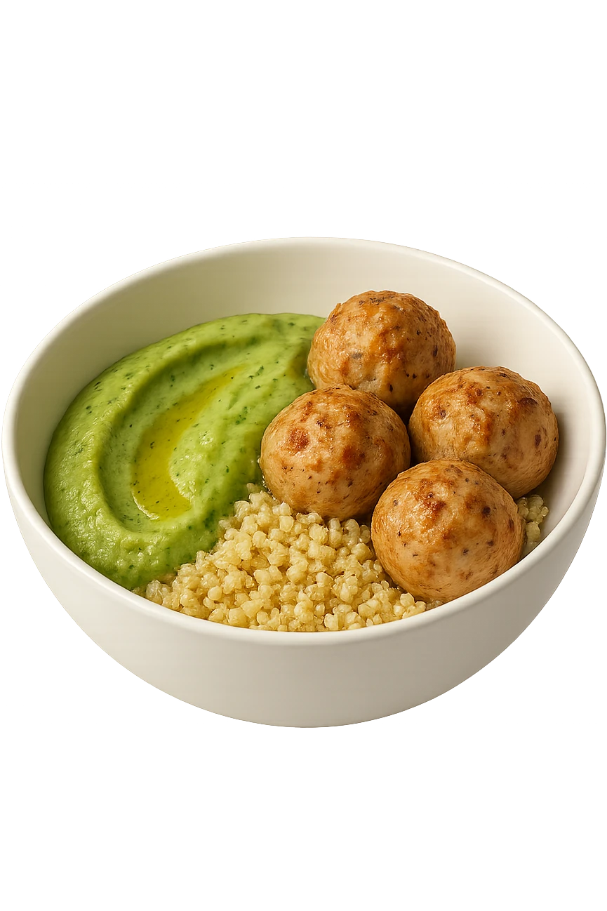 bowl bianca fluttua in aria con polpette di tacchino, purè di zucchine, quinoa e olio di oliva, iperrealistico 4k emoji