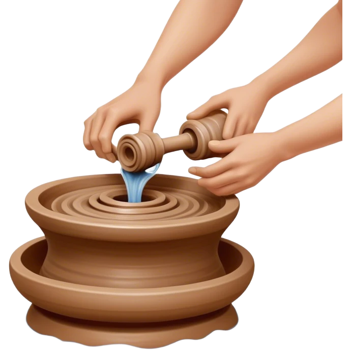 Cinematic Realistic image of a ceramic pottery wheel in action, with skilled hands shaping wet clay into a graceful form, featuring intricate details of swirling textures and gentle water splashes, illuminated by soft, artisanal lighting emoji