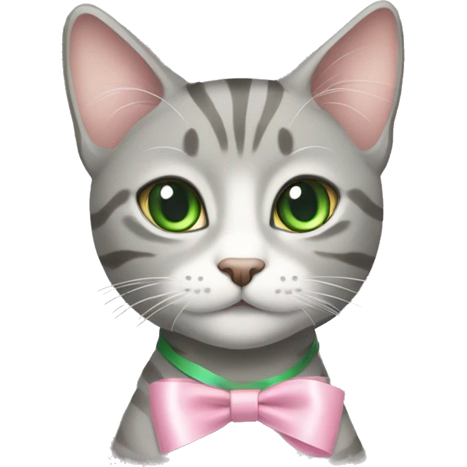 grey tabby cat with green eyes and light pink ribbon bow on her head emoji