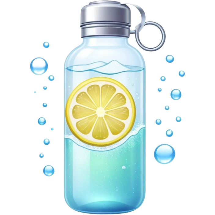 Ethereal glowing water bottle with floating lemon slice and sparkling creatine powder, surrounded by magical aura emoji