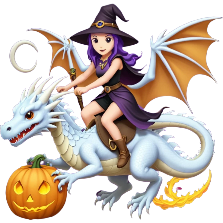 Large white dragon flying with a witchy female rider on top of it emoji