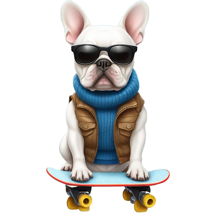 Pied french bulldog with sunglasses sweater vest and snow board emoji