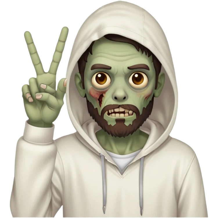 zombie with peace sign gesture wearing plain white hoodie with no designs, dark brown hair and short full beard emoji