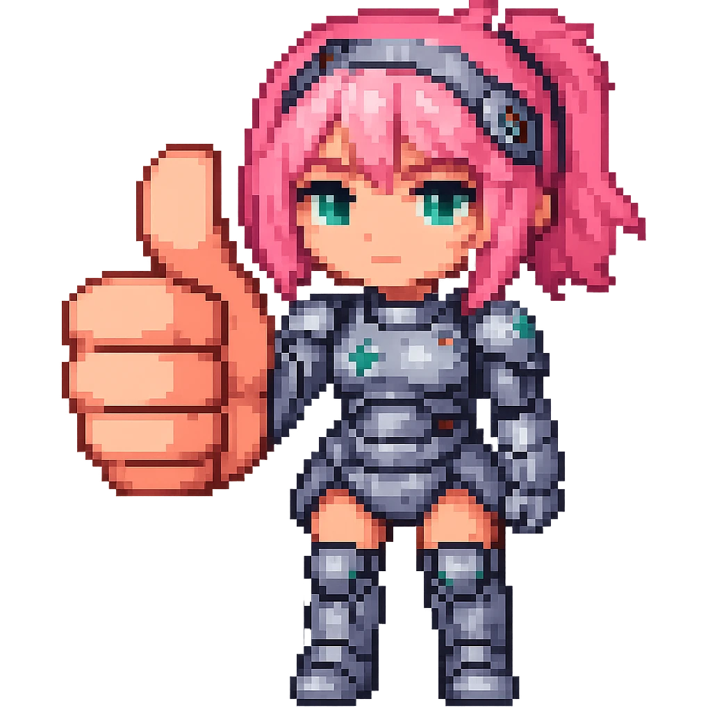Make the thumb more prominent on the cyborg girl with pink hair giving a thumbs up in pixel art style with chibi proportions, no background. emoji
