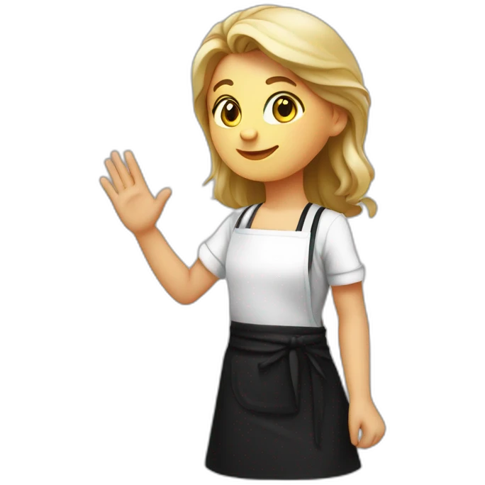 Slavic girl in a white T-shirt and a black apron waves hello with her right hand emoji