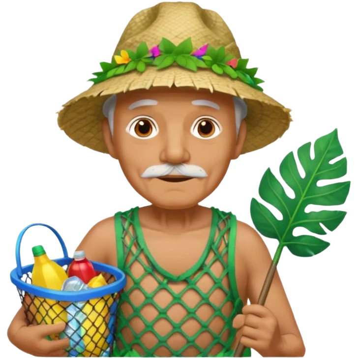 Hawaiian old man with leaf hat and big trash net and colorful cloth emoji