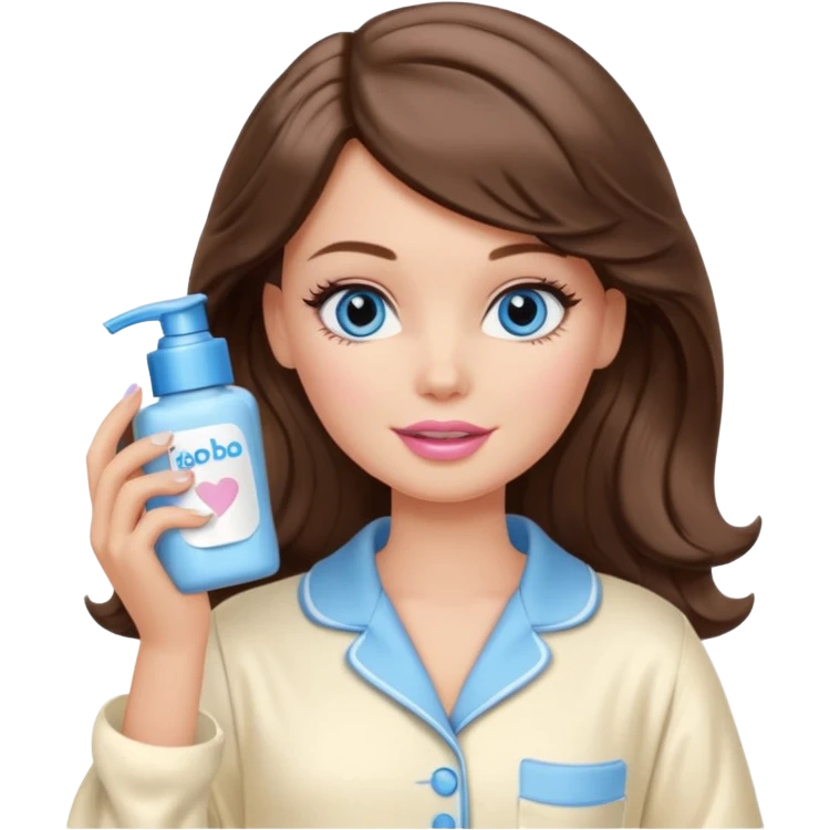 Barbie girl with makeup, blue eyes , and bob long haircut wavy, short brown hair in creamy color pajamas, face cream in hand emoji