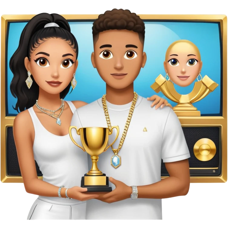 Breaking news Internet celebrity Josh King Madrid jetset wearing shiny diamond earrings and sparkly iced out diamond tennis necklace chains with Instagram model girl tefi valenzuela sitting with him holding gold internet celebrity trophy on tv show in Miami emoji