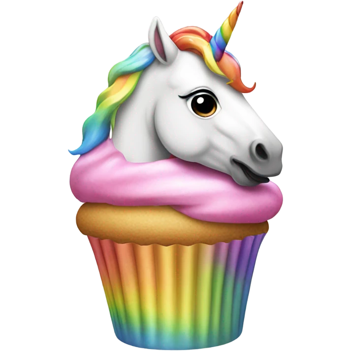 A unicorn eating a cupcake on a rainbow emoji